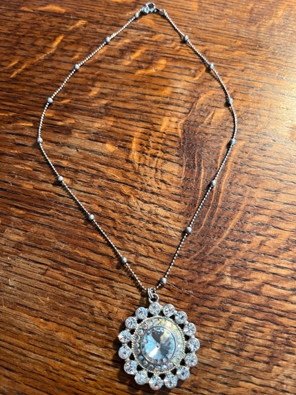 Silver Crystal Halo Pendant Necklace - Clear/Iridescent 18”